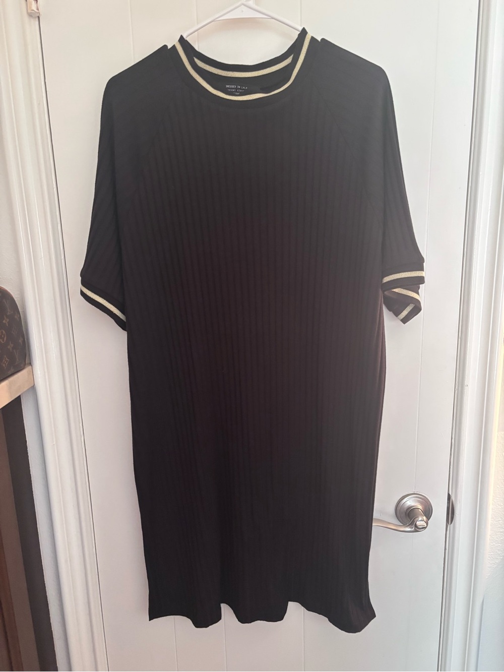 Dressed in LALA Black Ribbed T-Shirt Dress with Gold Trim